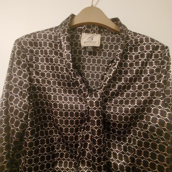 BANANA REPUBLIC Black Satin Print Blouse Fitted Button Down Tie Up Neckline MED - Picture 2 of 8
